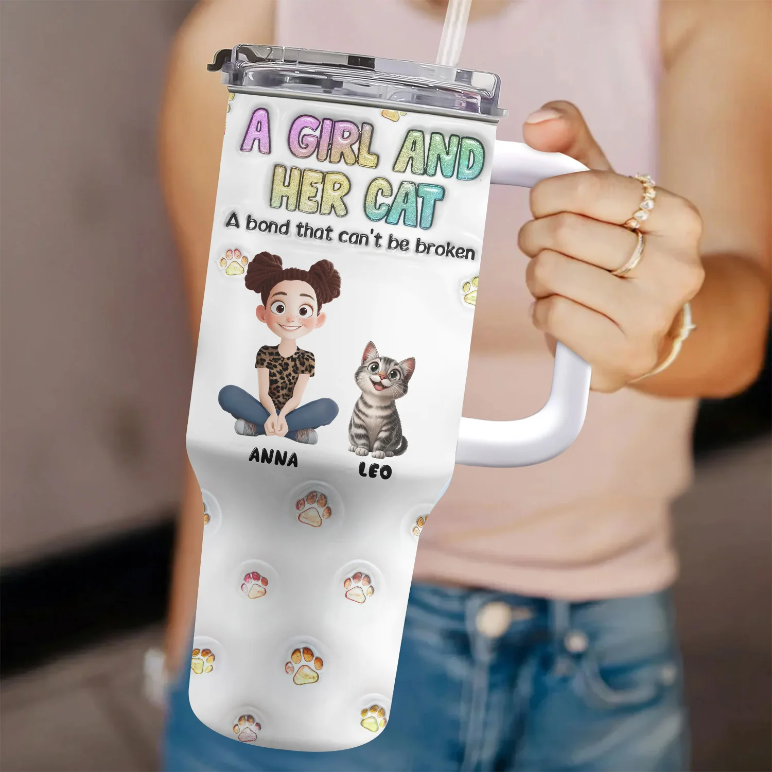 A Girl And Her Cat Can't Be Broken 3D Inflated Effect Cartoon Cat - Personalized Personalized 40oz Tumbler Cup With Straw - Gift for Pet Owners, Pet Lovers, Cat Mom | CLP15 NH96 - Image 4