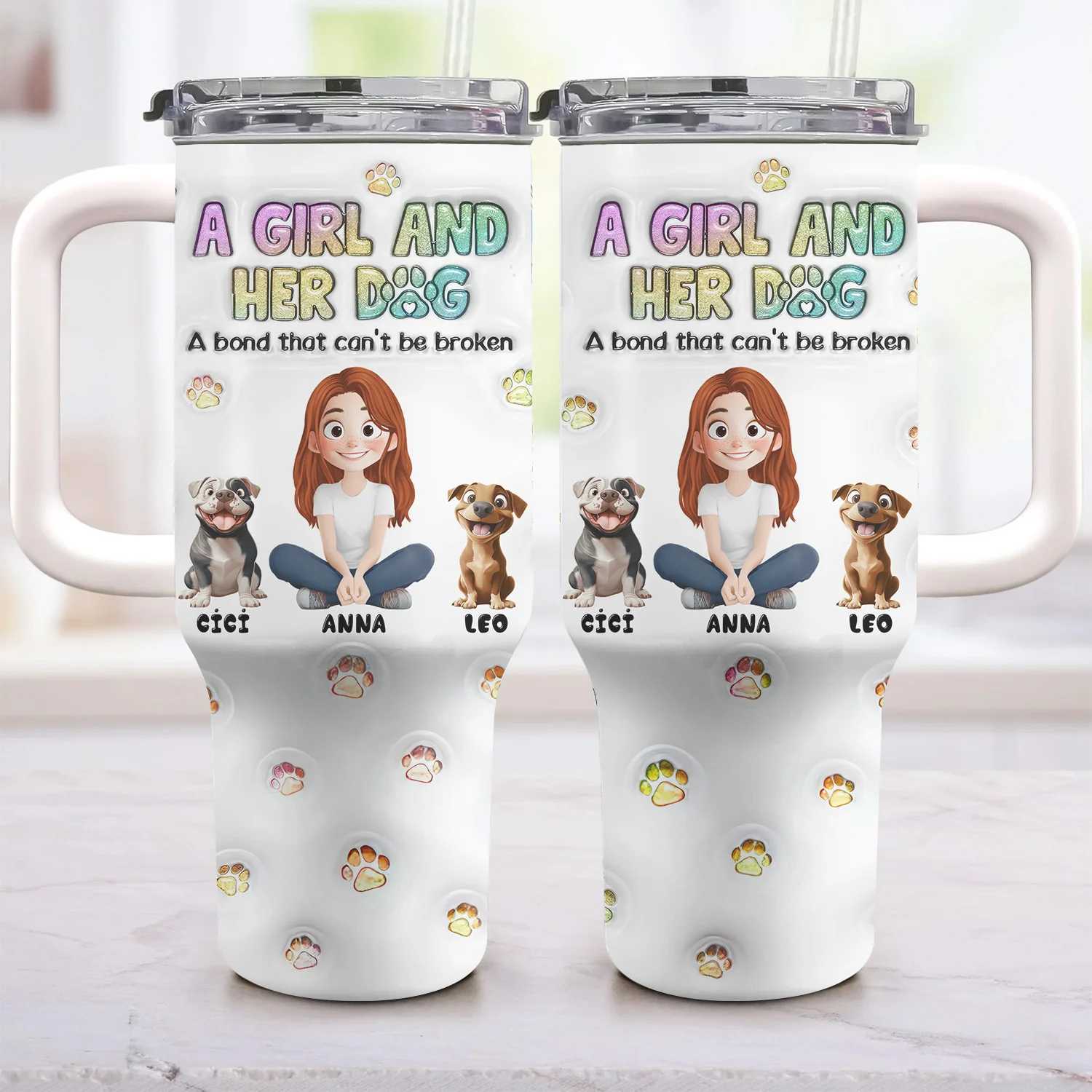 A Girl And Her Dog 3D Inflated Effect Cartoon Dog - Personalized 40oz Tumbler Cup With Straw - Gift for Pet Owners, Pet Lovers, Dog Mom | CLP15 NH96