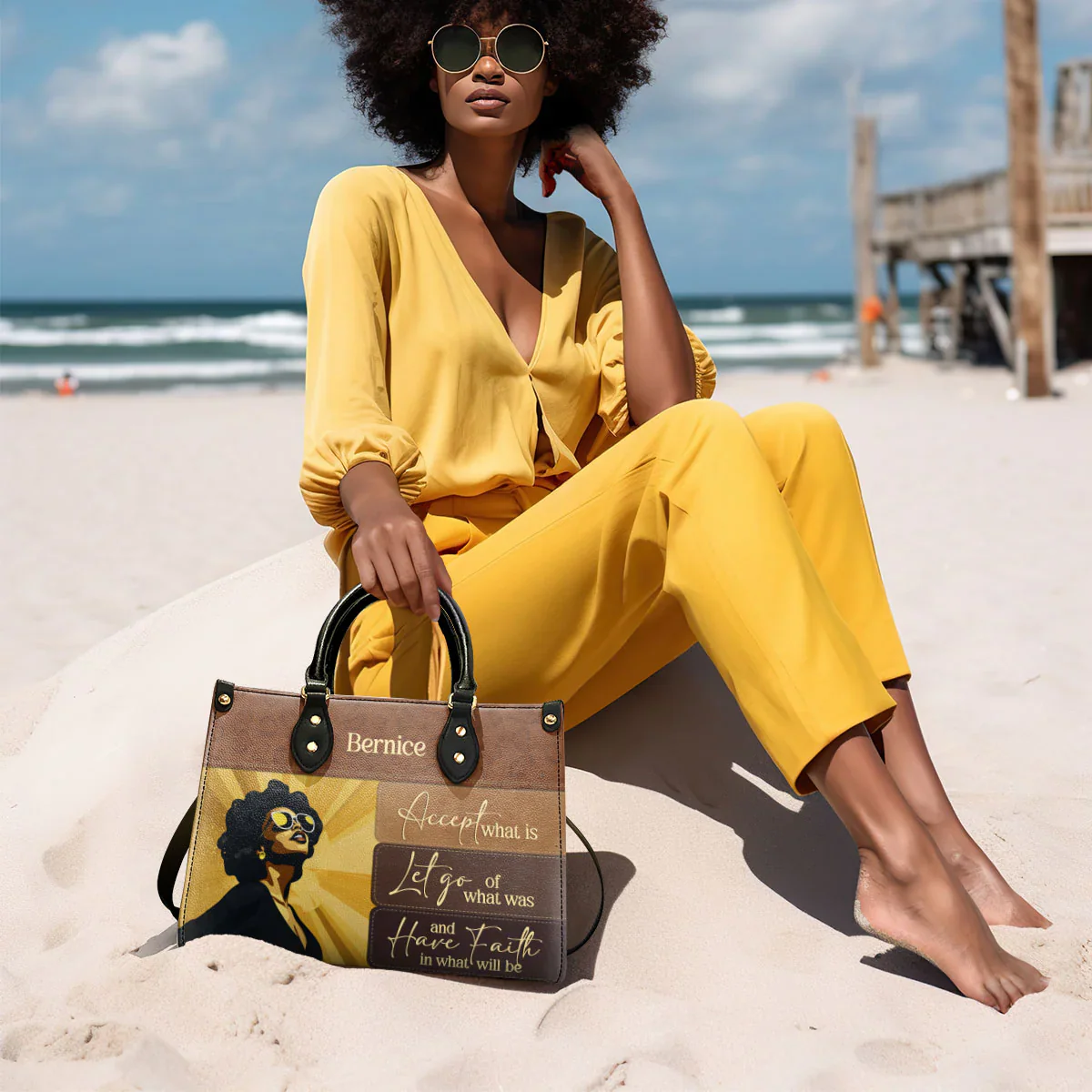 Accept Let Go Have Faith Tote - Custom Inspirational Leather Handbag - Gift For Black Women | HD95 - Image 6