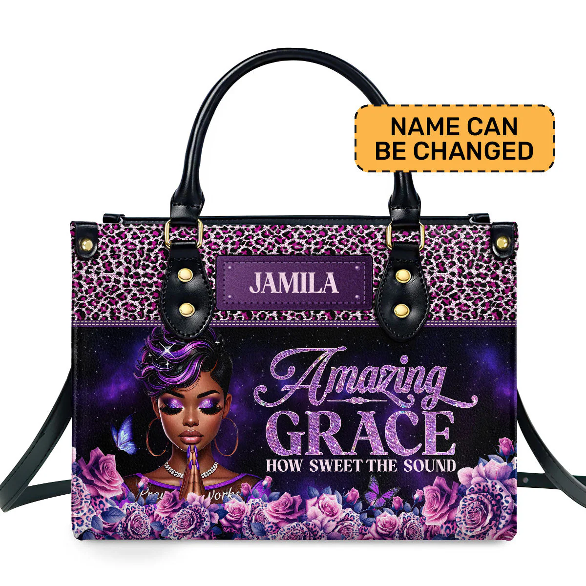 Amazing Grace Purple Floral Leopard - Personalized African Faith Leather Handbag - Gift For Her HD95