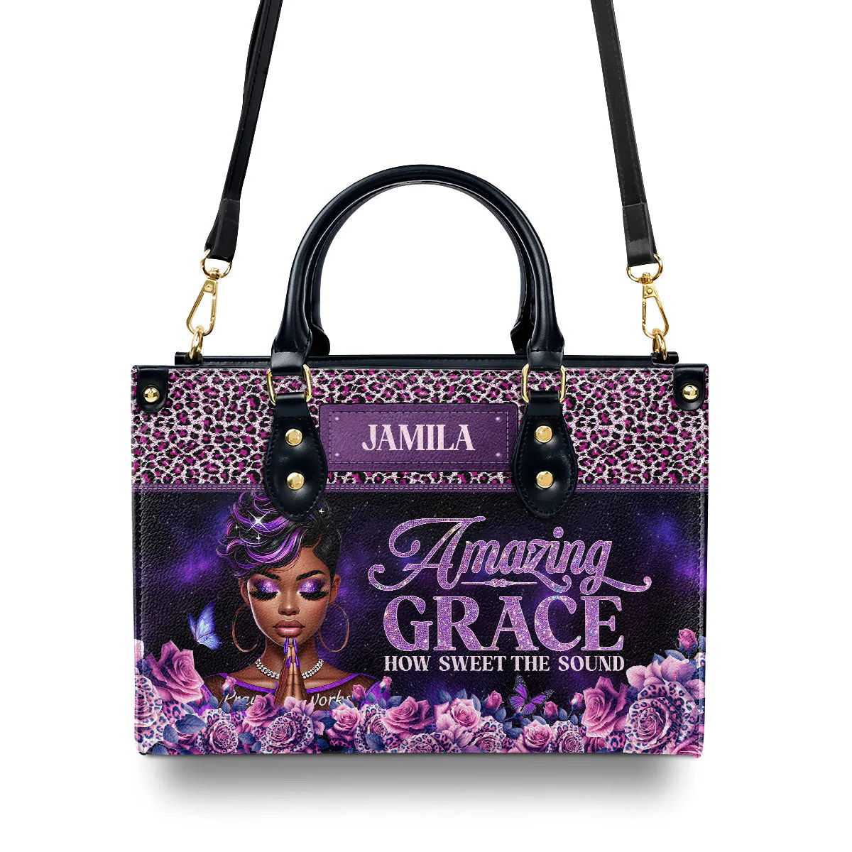 Amazing Grace Purple Floral Leopard - Personalized African Faith Leather Handbag - Gift For Her HD95 - Image 2