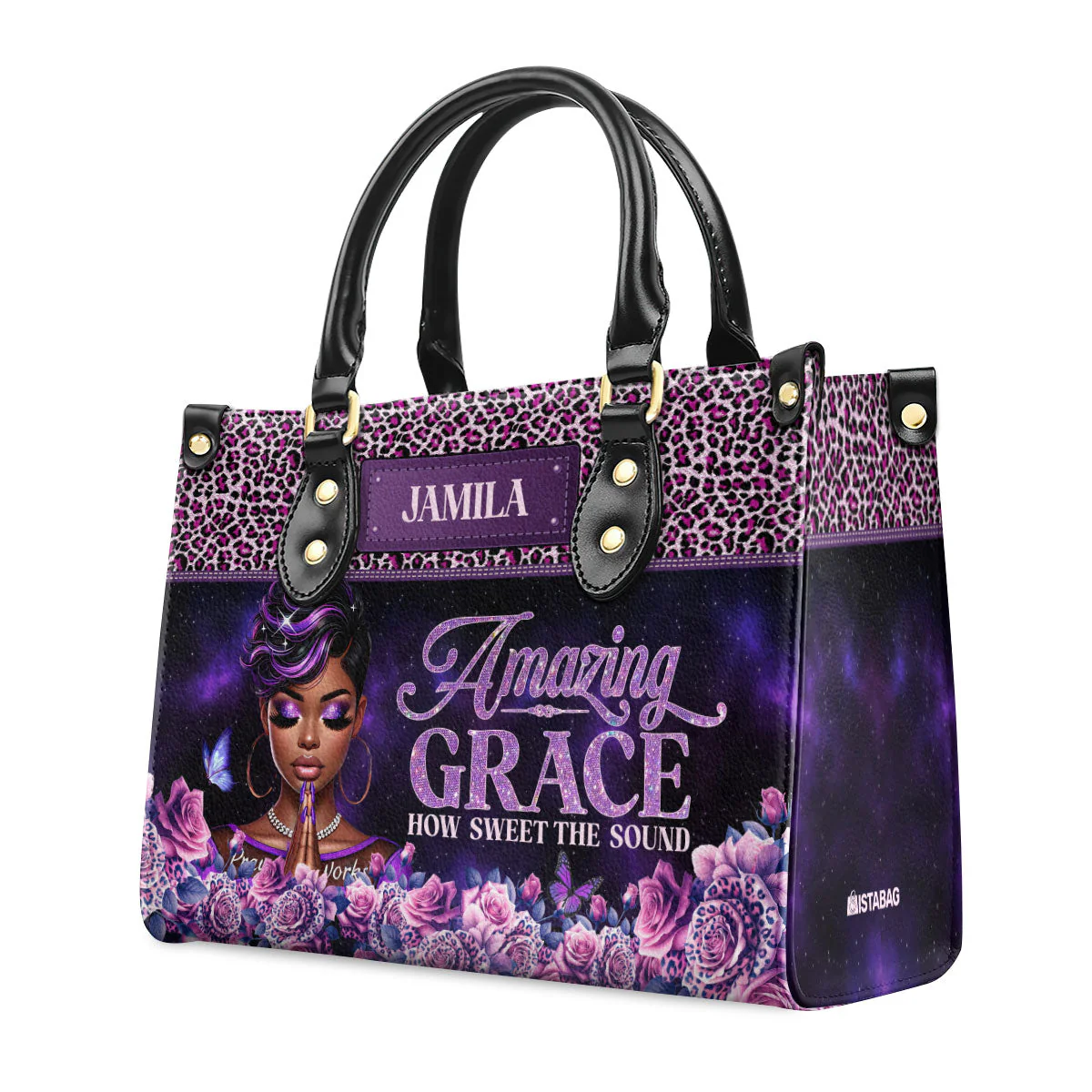 Amazing Grace Purple Floral Leopard - Personalized African Faith Leather Handbag - Gift For Her HD95 - Image 3