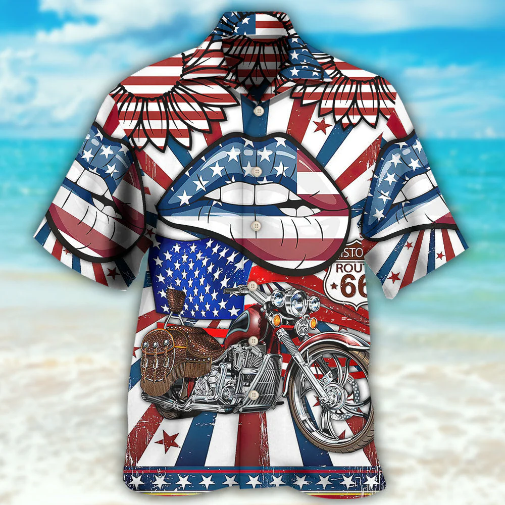 America Patriotic Motorcycle Sexy Lips Hawaiian Shirt - Image 2