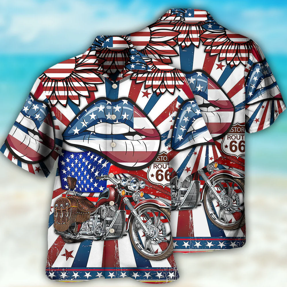 America Patriotic Motorcycle Sexy Lips Hawaiian Shirt - Image 3