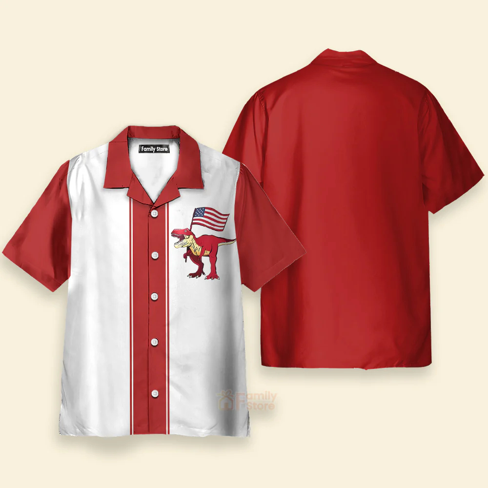 American Flag Dinosaur Chest Pocket Short Sleeve Bowling Shirt Hawaiian Shirt - Image 3