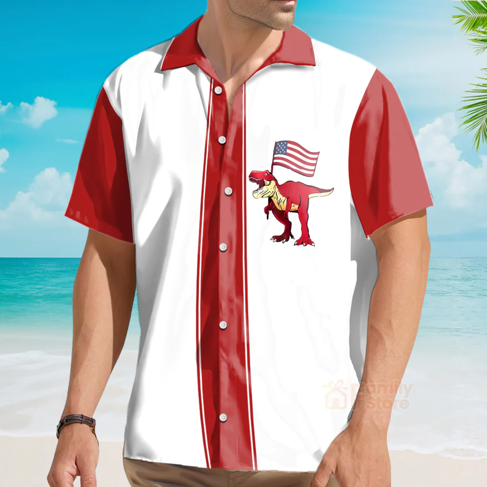 American Flag Dinosaur Chest Pocket Short Sleeve Bowling Shirt Hawaiian Shirt - Image 4