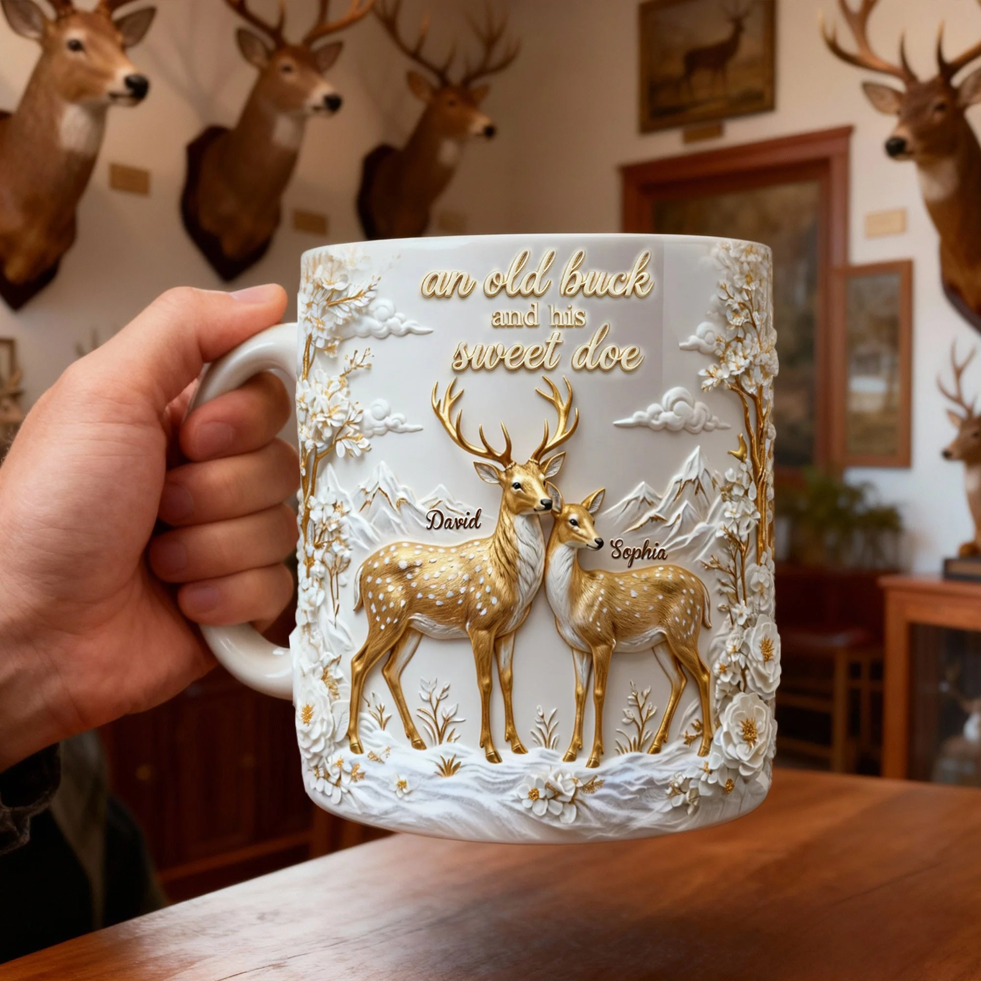 An Old Buck And His Sweet Doe - Personalized White Edge-to-Edge Mug  - Gift For Couple HH01 - Image 2