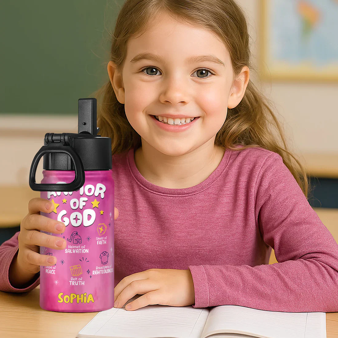 Armor Of God School Kid - Personalized Kids Stainless Steel Water Bottle | Custom Name - Image 2