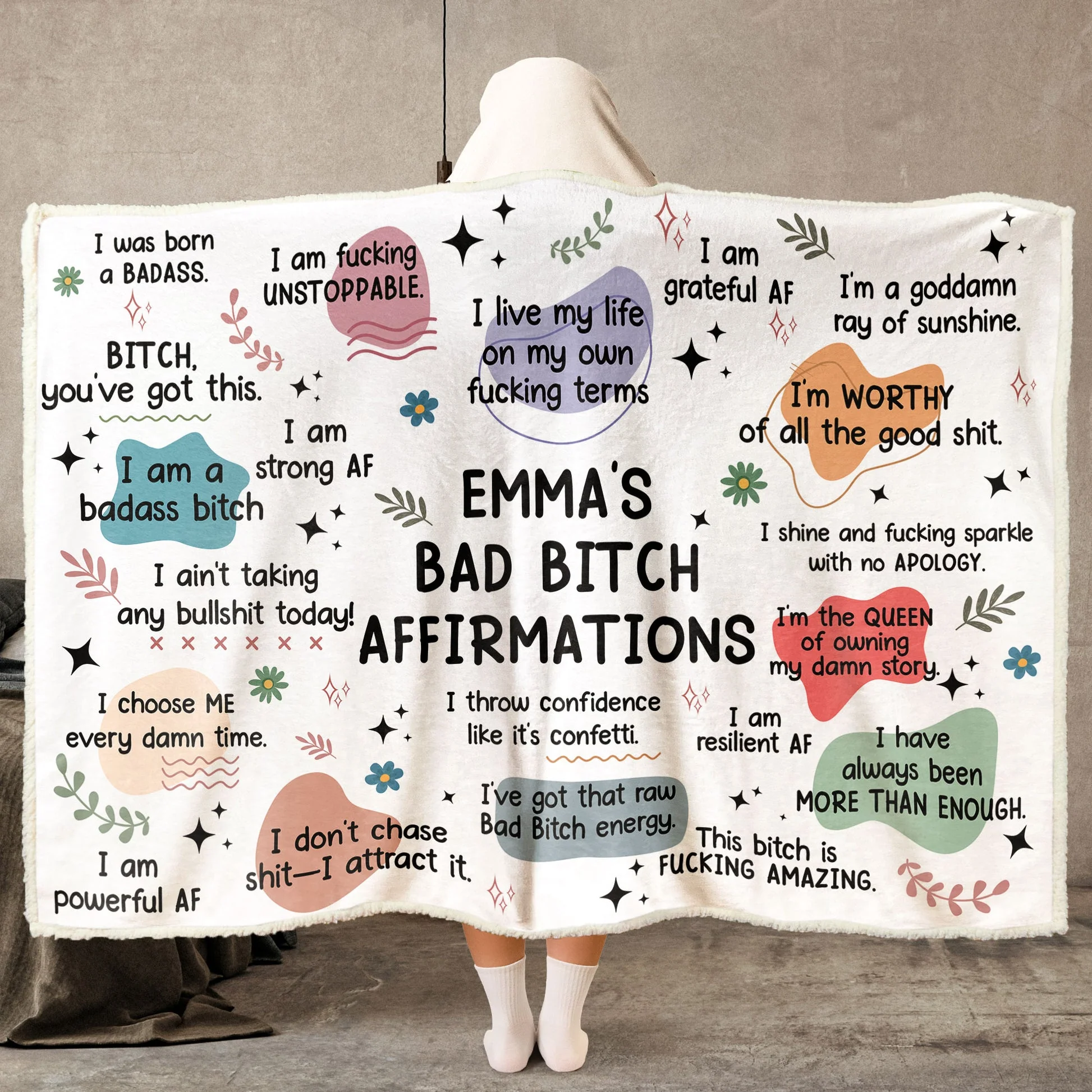 Bad B*tch Affirmations - Personalized Wearable Hooded Blanket - Gift For Her, Christmas HH01