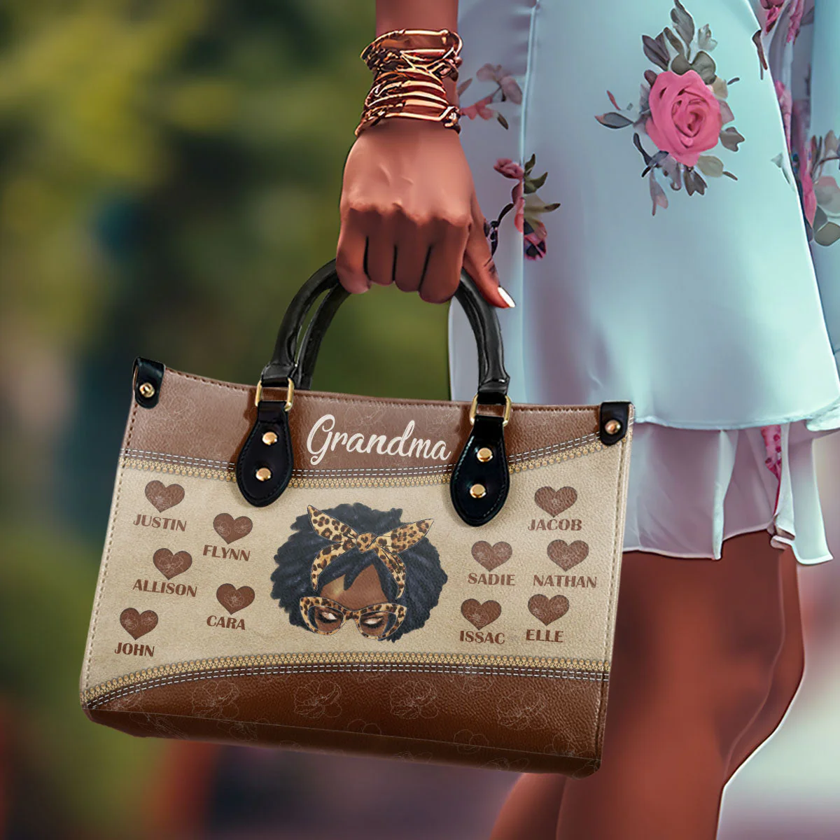 Bandana Grandma Afro Leopard - Personalized Leather Handbag - Gift For Grandma, Nana HD95 - Image 2