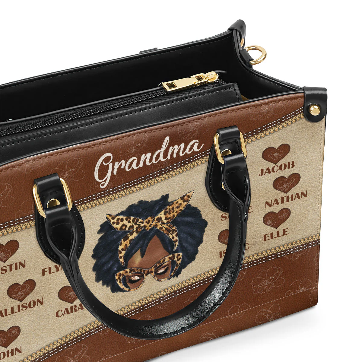 Bandana Grandma Afro Leopard - Personalized Leather Handbag - Gift For Grandma, Nana HD95 - Image 3