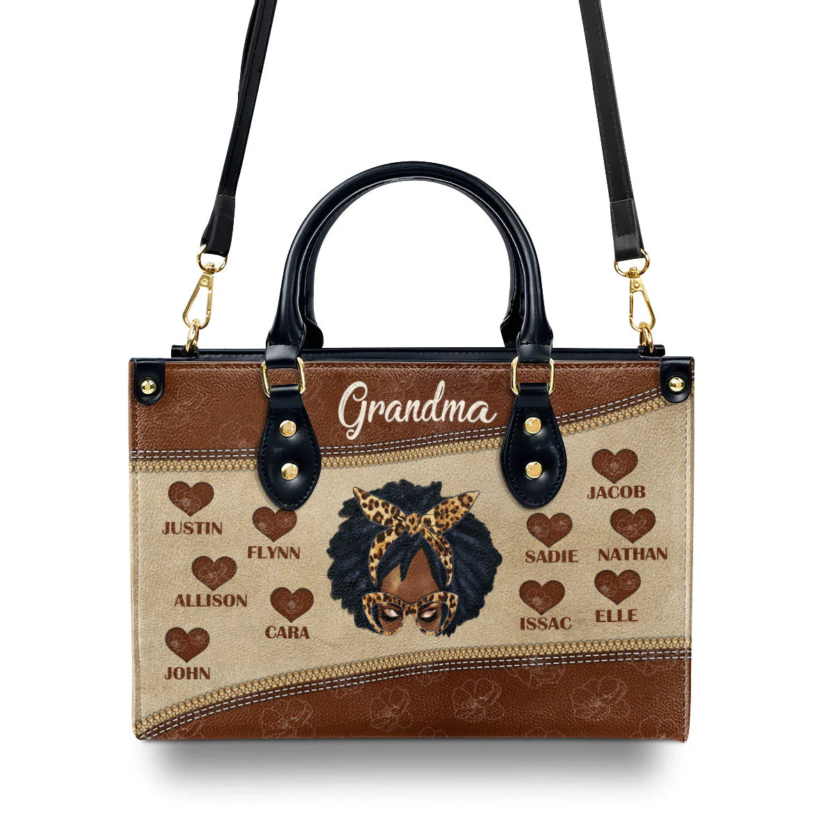 Bandana Grandma Afro Leopard - Personalized Leather Handbag - Gift For Grandma, Nana HD95 - Image 4