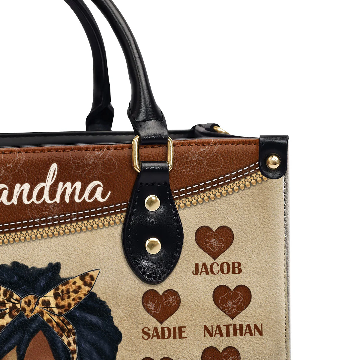Bandana Grandma Afro Leopard - Personalized Leather Handbag - Gift For Grandma, Nana HD95 - Image 6