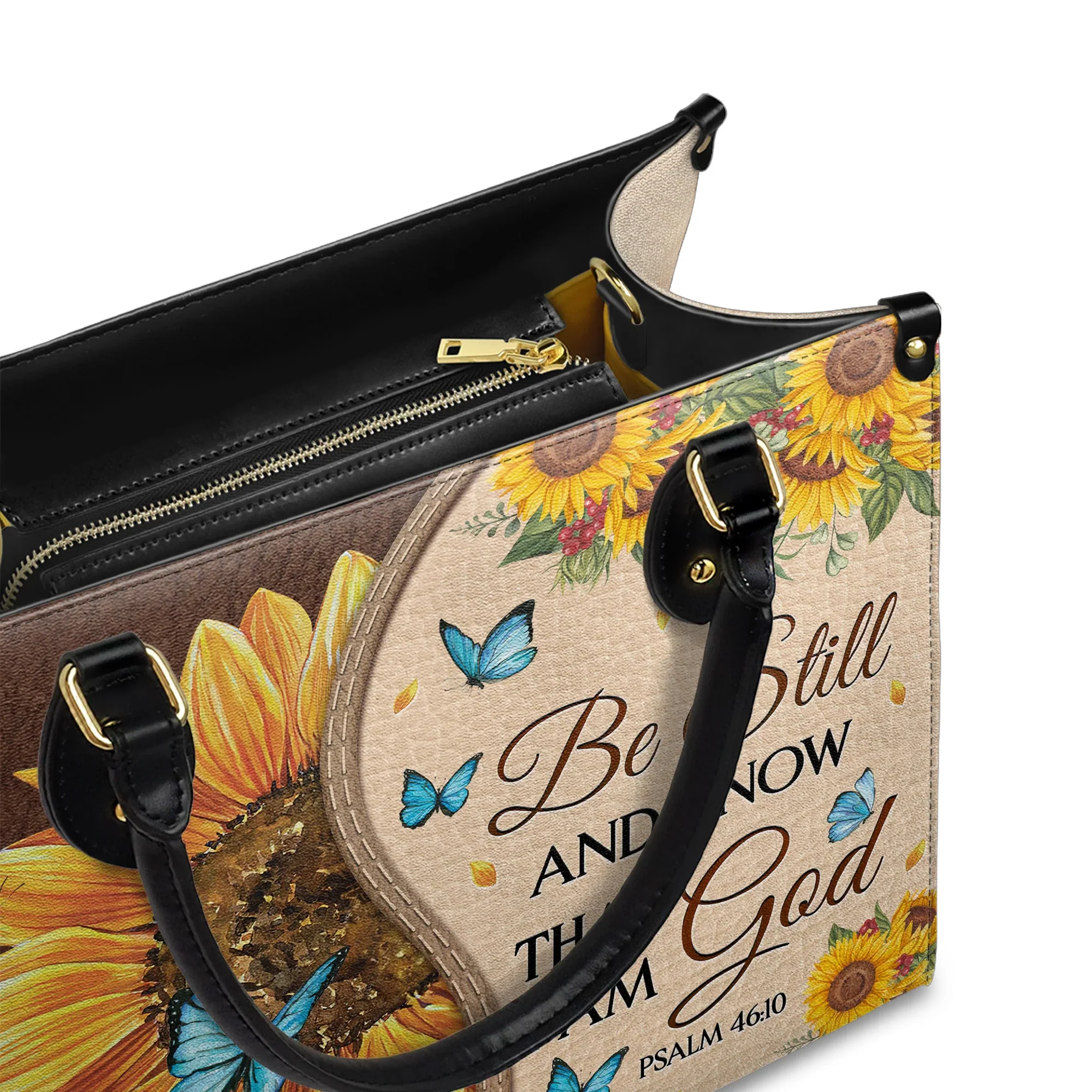 Be Still and Know That I Am God Psalm 46:10 Sunflower - Leather Handbag - Image 2