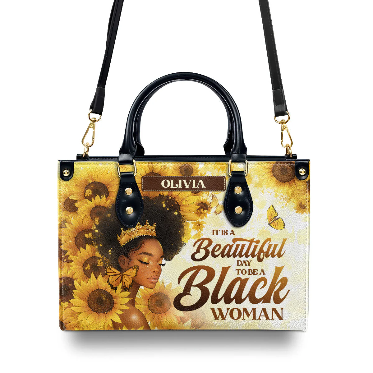 Beautiful Day To Be A Black Woman - Personalized Sunflower Leather Handbag - Empowerment Gift For Her HD95 - Image 4