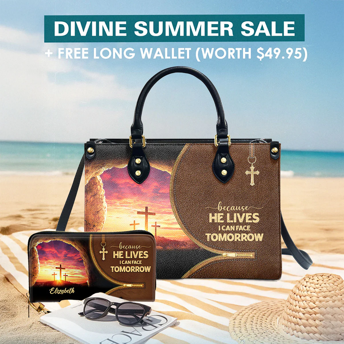 Because He Lives, I Can Face Tomorrow - Scripture Gifts For Women Of God - Personalized Leather Bag Free Wallet Deal AT4080710