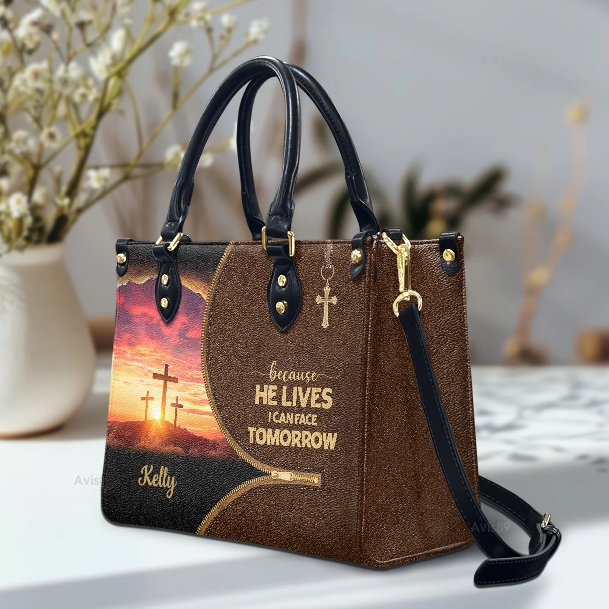 Because He Lives, I Can Face Tomorrow - Scripture Gifts For Women Of God - Personalized Leather Handbag With Handle - AT4080710 - Image 2