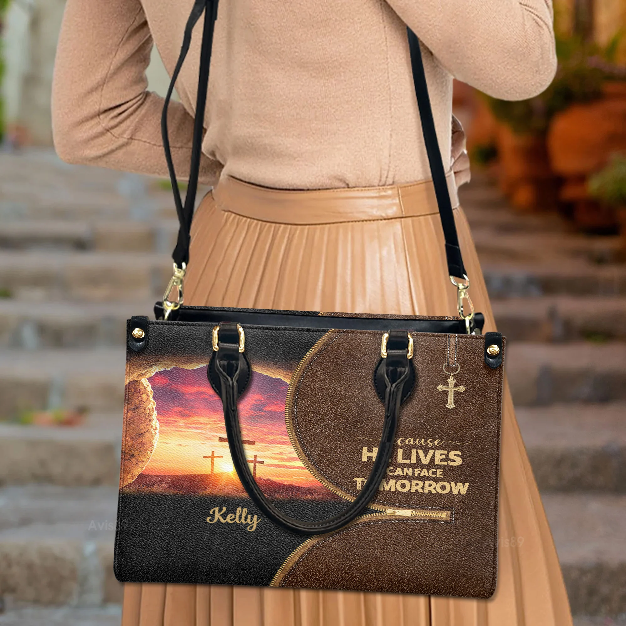 Because He Lives, I Can Face Tomorrow - Scripture Gifts For Women Of God - Personalized Leather Handbag With Handle - AT4080710 - Image 3