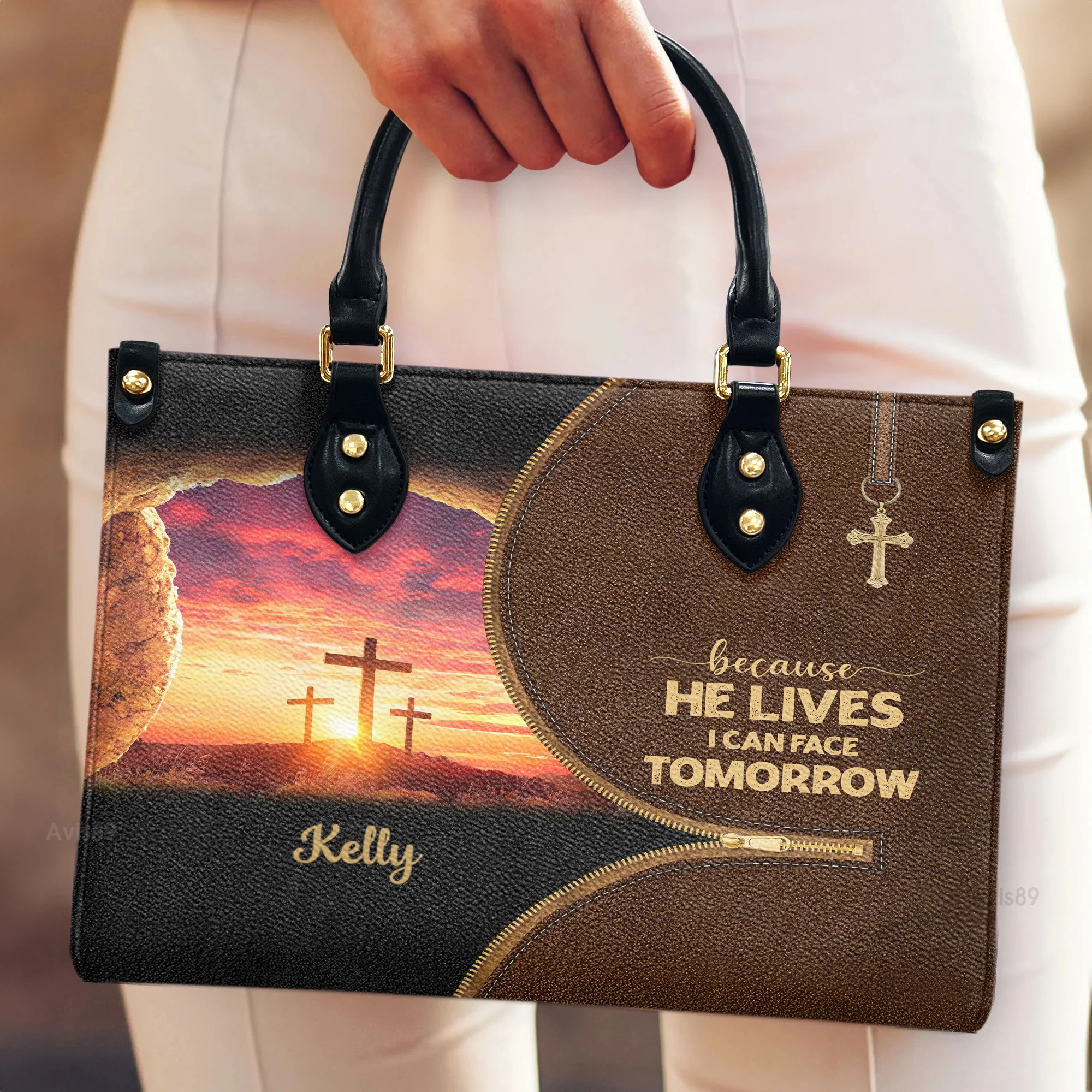 Because He Lives, I Can Face Tomorrow - Scripture Gifts For Women Of God - Personalized Leather Handbag With Handle - AT4080710 - Image 4