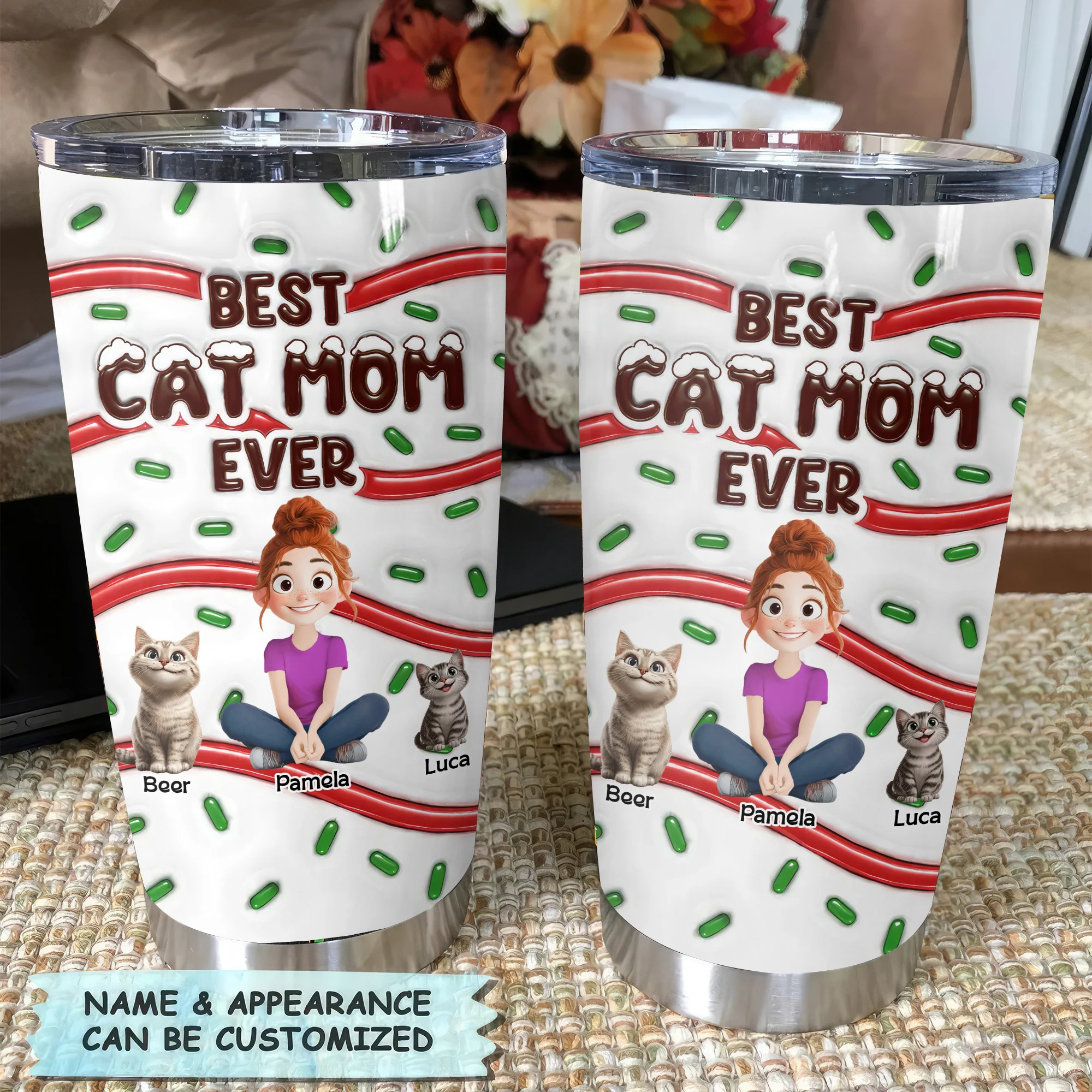Best Cat Mom Ever Cake Pattern 3D Inflated Effect Cartoon Cat - Personalized Tumbler Cup - Gift for Pet Owners, Pet Lovers, Cat Mom | CLP15.V3 - NH96 - Image 4
