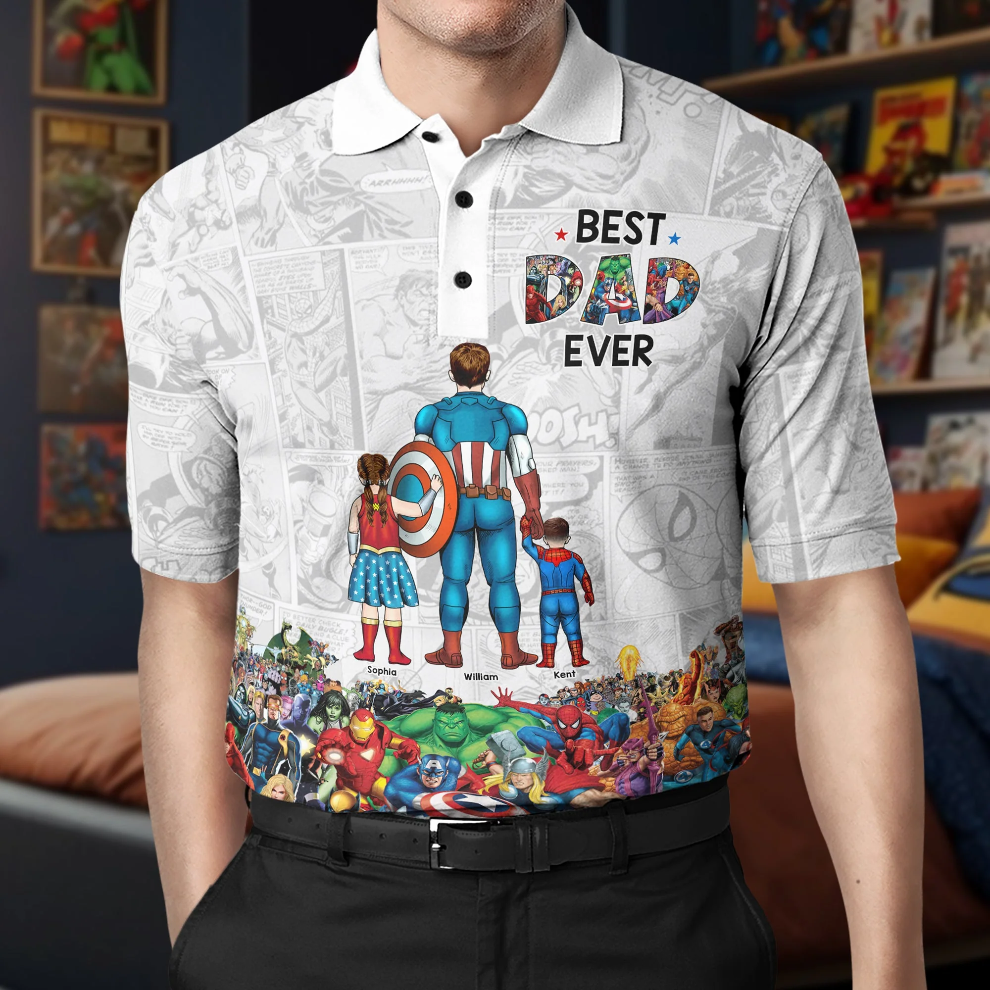 Best Dad Ever Superhero Marvel - Personalized All over Print Polo - Gift for Dad, Father's Day | CL02