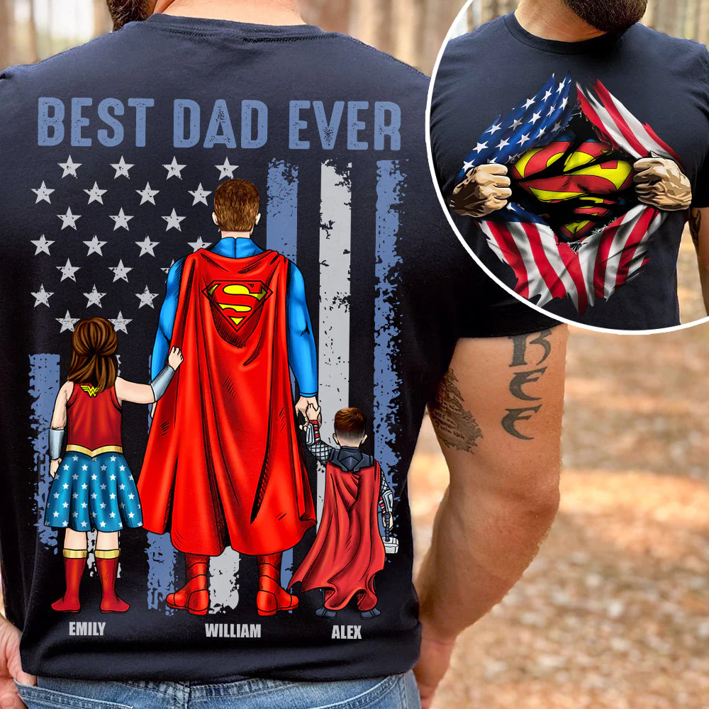 Best Dad Ever Superhero - Personalized Tshirt Two Side - Gift for Dad, Father's Day | CL02 - Image 4