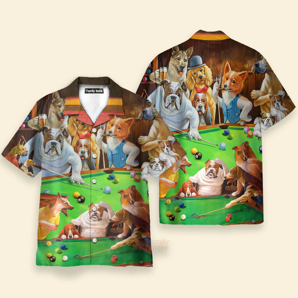 Funny Vintage Billiard Dogs Playing Pool - Hawaiian Shirt - Image 3