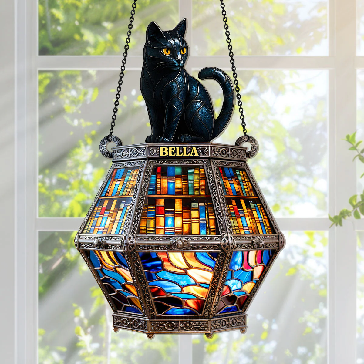 Black Cat On Old Library - Personalized Window Hanging Suncatcher - Image 2