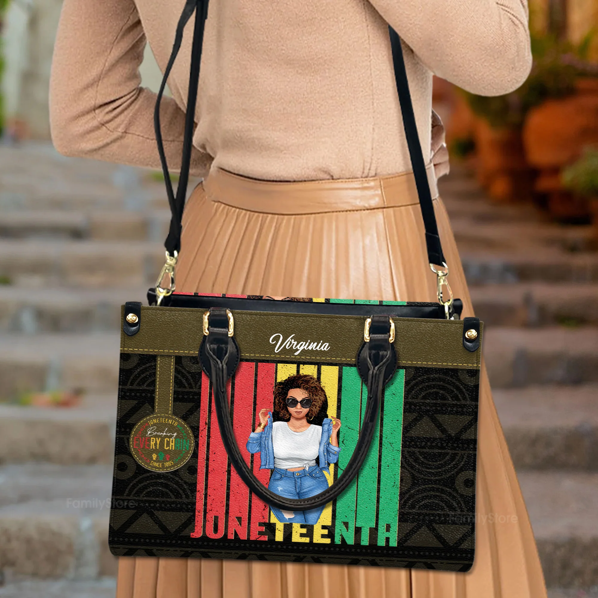 Black Woman Teacher Afro Retro Matching Black History Month - Personalized Leather Bag - Birthday Gift For Black Woman, Mother, Friend, Sister | GR3 - Image 3
