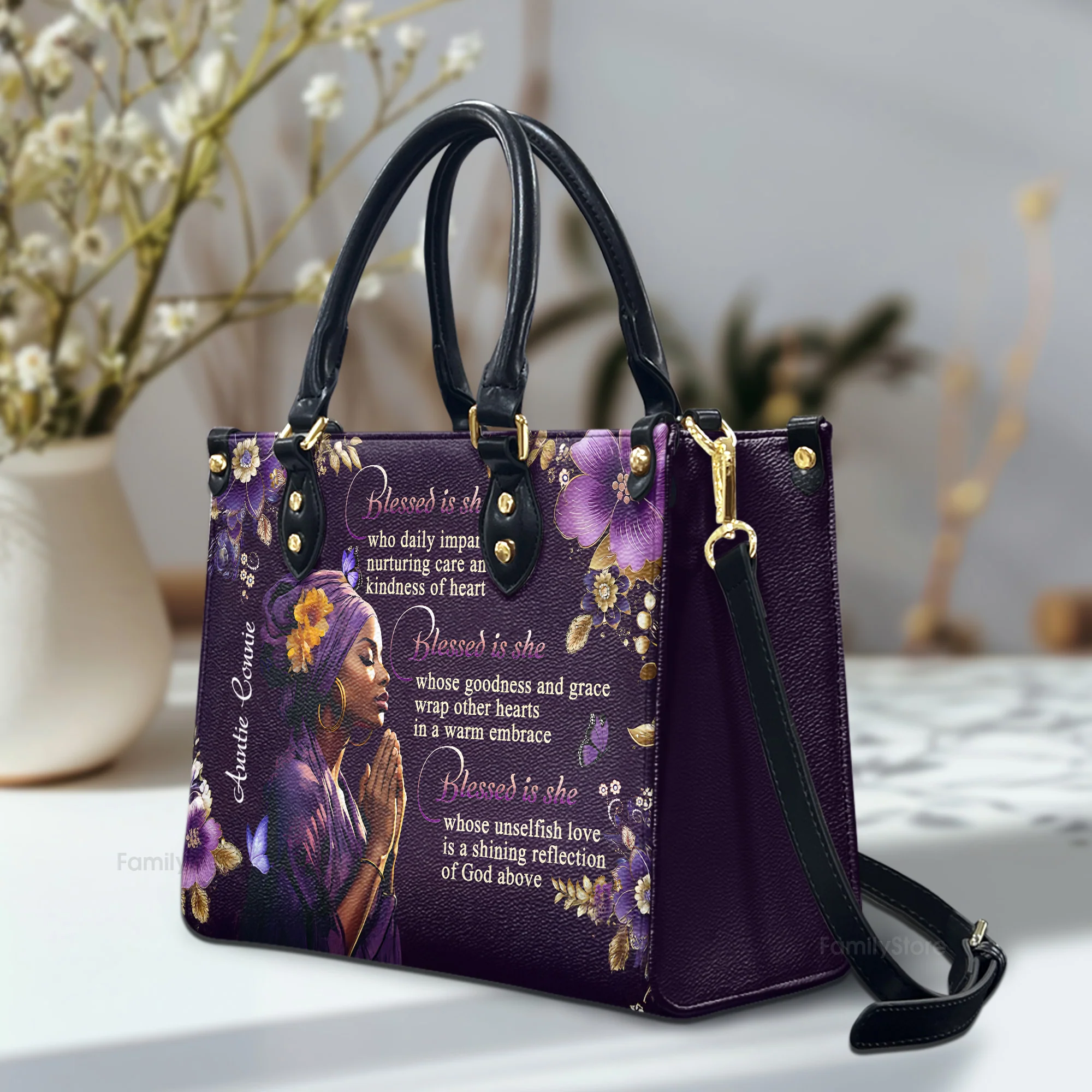 Blessed Is She - Scripture Gifts For Women Of God - Personalized Leather Handbag With Handle - AT4080956 - Image 2