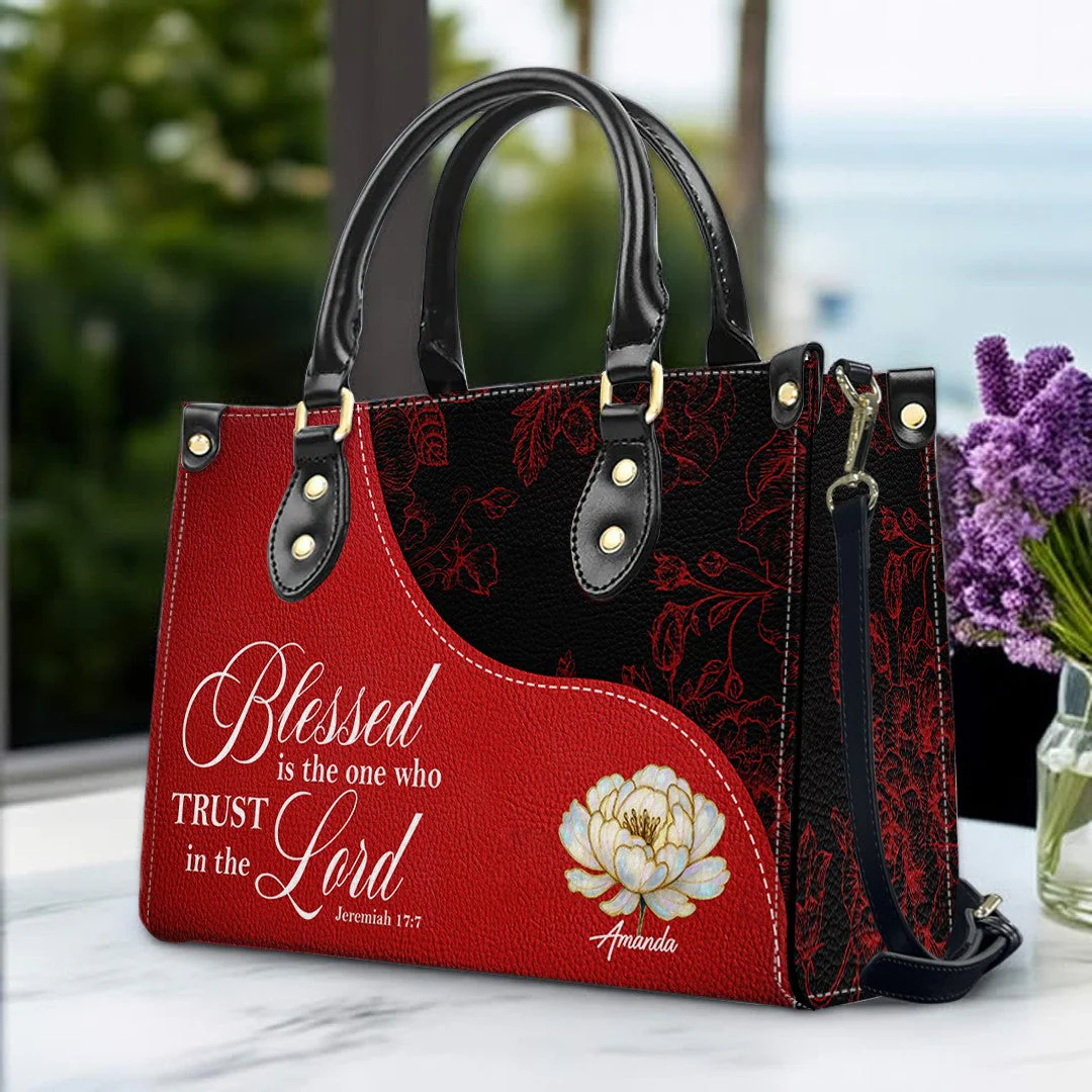 Blessed Is The One Who Trust In The Lord - Personalized Red Leather Handbag with Custom Name - Gift For Her HL128