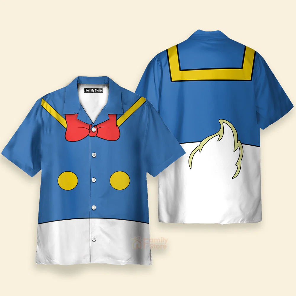 Blue And White Stitching Cartoon Duck Costume Hawaiian Shirt - Image 2