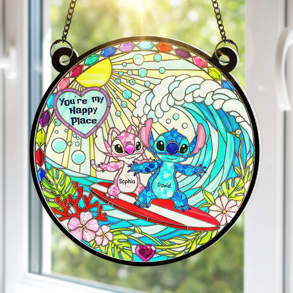 Blue Monster Couple - Personalized Window Hanging Suncatcher - Gifts For Couples, Husband, Wife