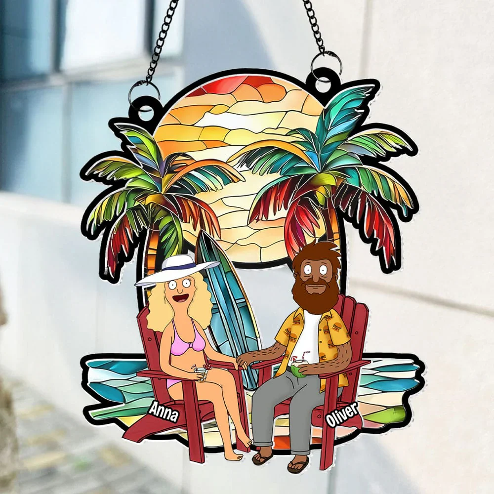 Burger Couple Summer Vacation - Personalized Window Hanging Suncatcher Ornament - Gift For Couple, Husband Wife, Anniversary | CL55