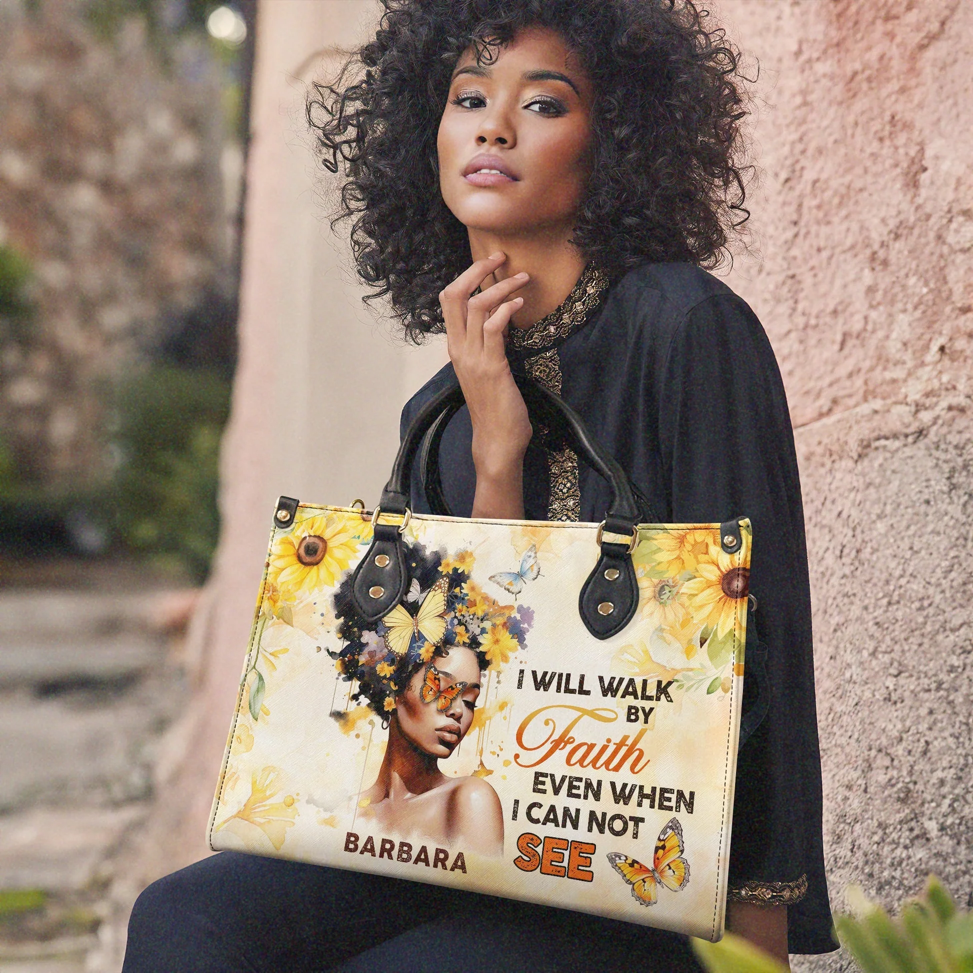Butterfly Black Queen Will Walk By Faith - Personalized Christian Leather Handbag - Gift For Her HD95 PT5070332 - Image 2