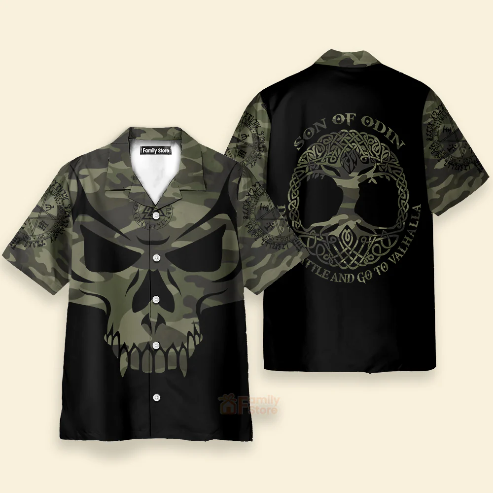 Camouflage Skull Viking Hawaiian Shirt, Son Of Odin Viking Shirt - Image 2