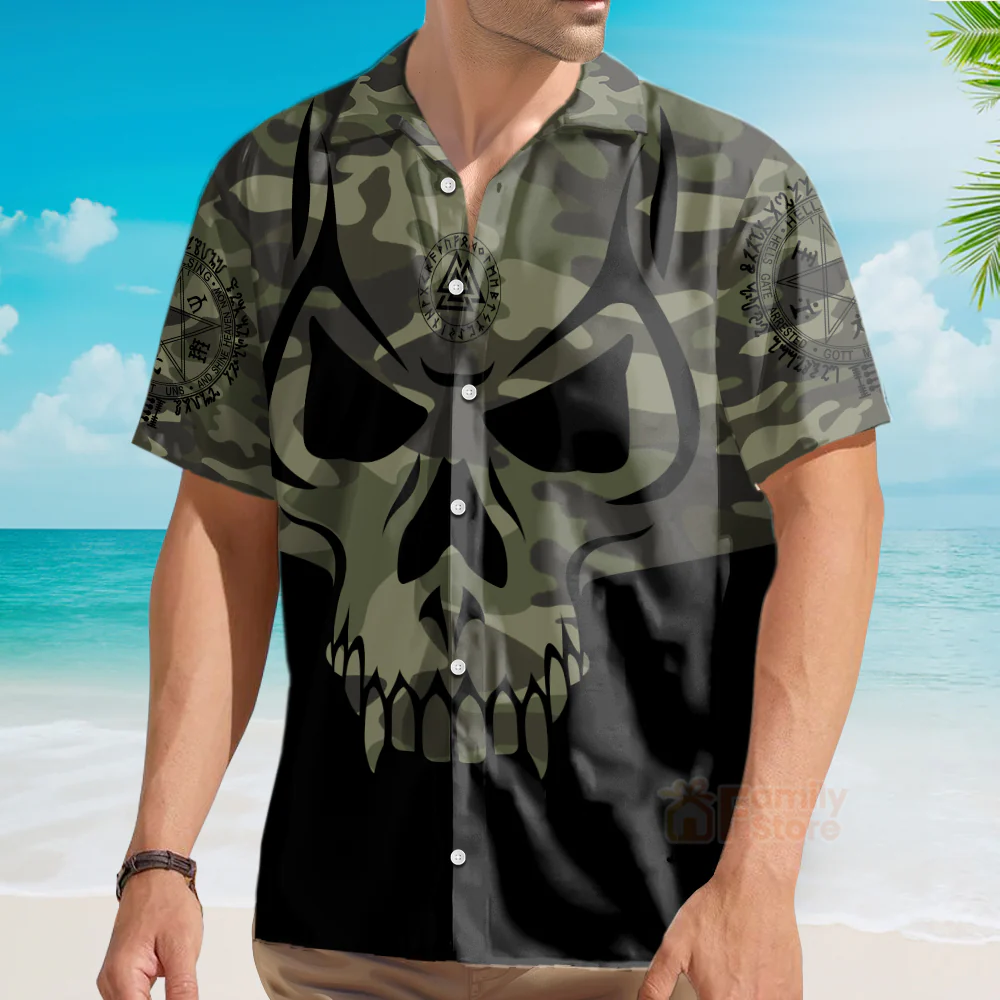 Camouflage Skull Viking Hawaiian Shirt, Son Of Odin Viking Shirt - Image 3