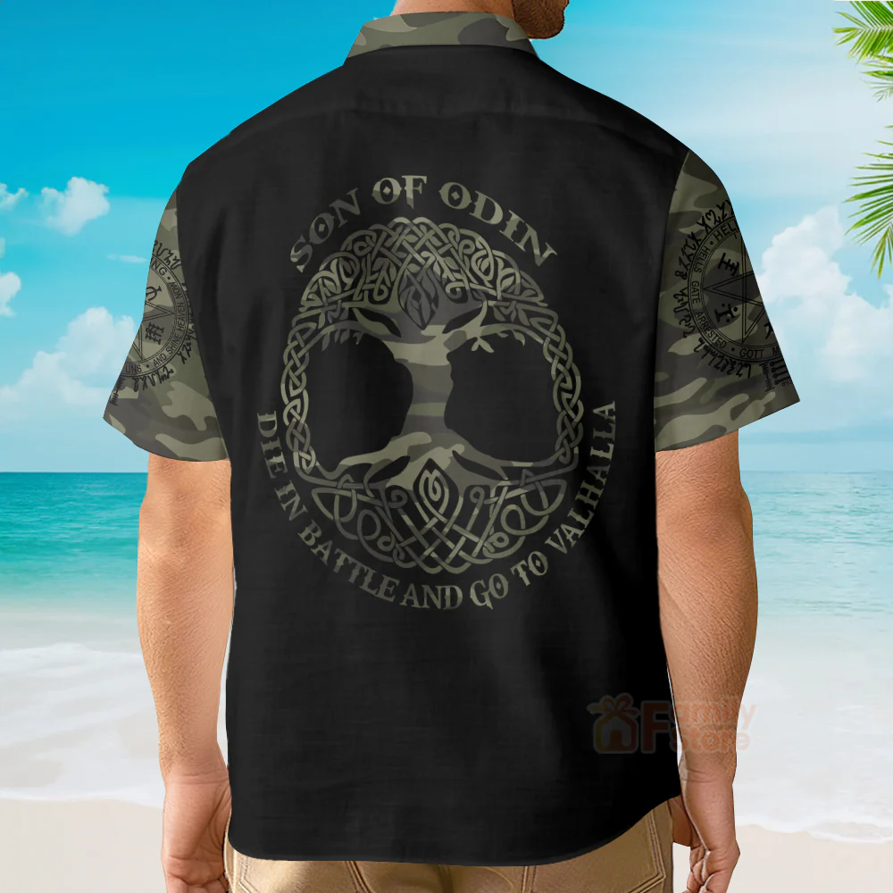 Camouflage Skull Viking Hawaiian Shirt, Son Of Odin Viking Shirt - Image 4