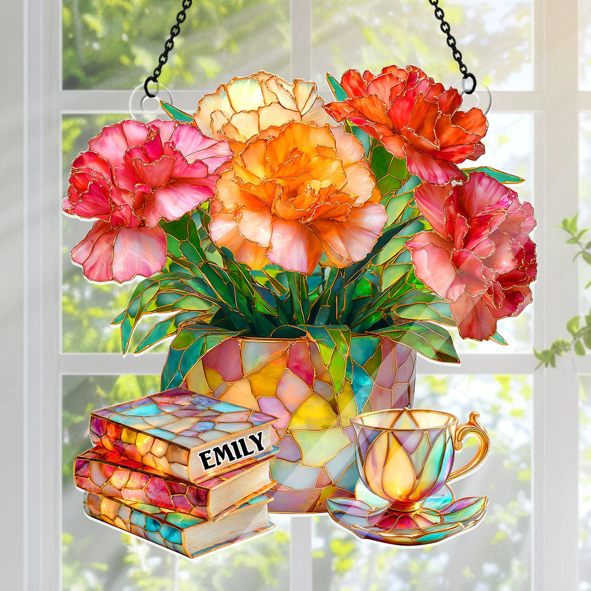 Carnation, Books, And Tea - Personalized Acrylic Suncatcher - Gift For Book Lovers, Her | HH01 - Image 2