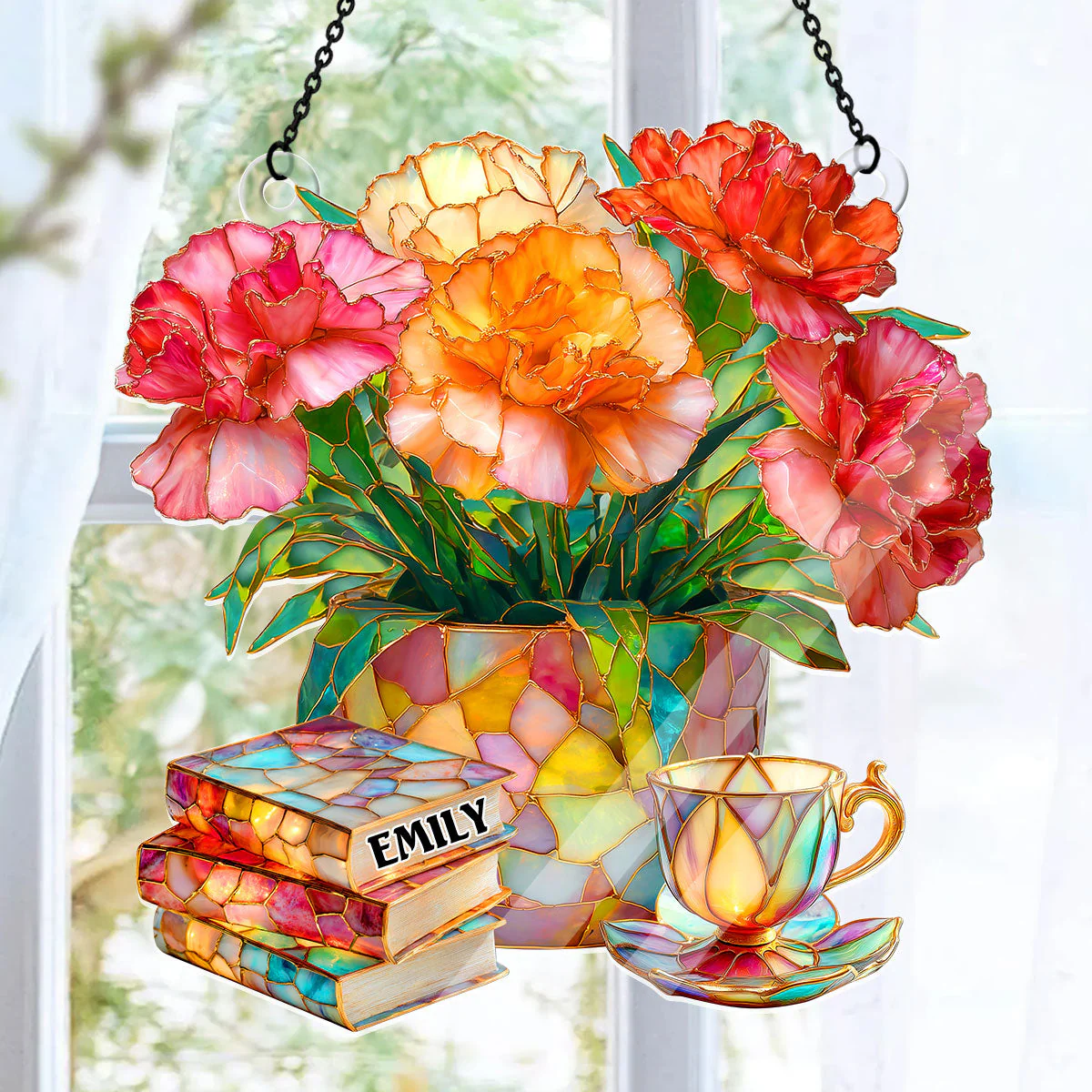 Carnation, Books, And Tea - Personalized Acrylic Suncatcher - Gift For Book Lovers, Her | HH01 - Image 6