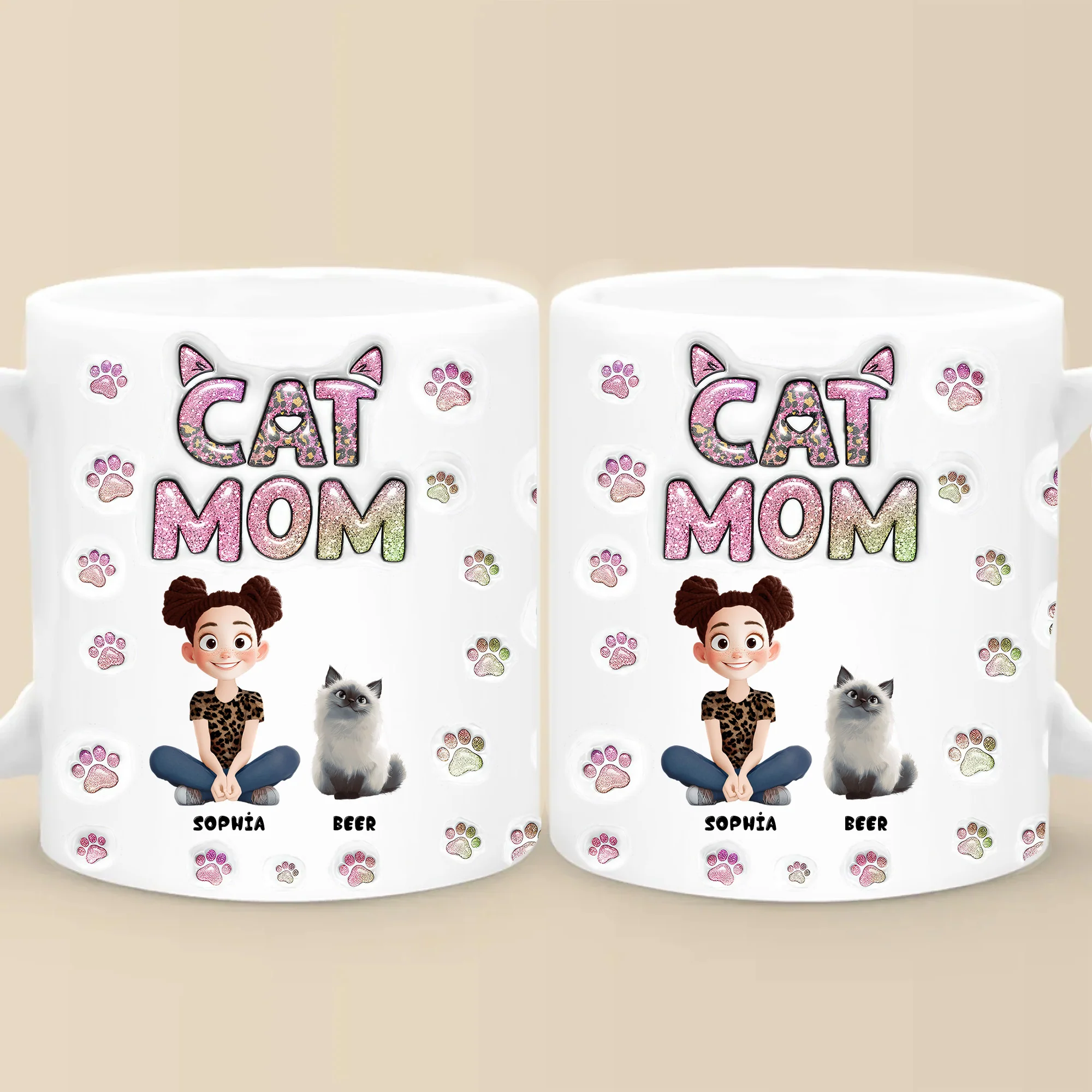 Cartoon Cat Mom Lovely Chibi - Personalized 3D Inflated Effect Ceramic Mug - Gift For Cat Lovers | CLP15 NA94