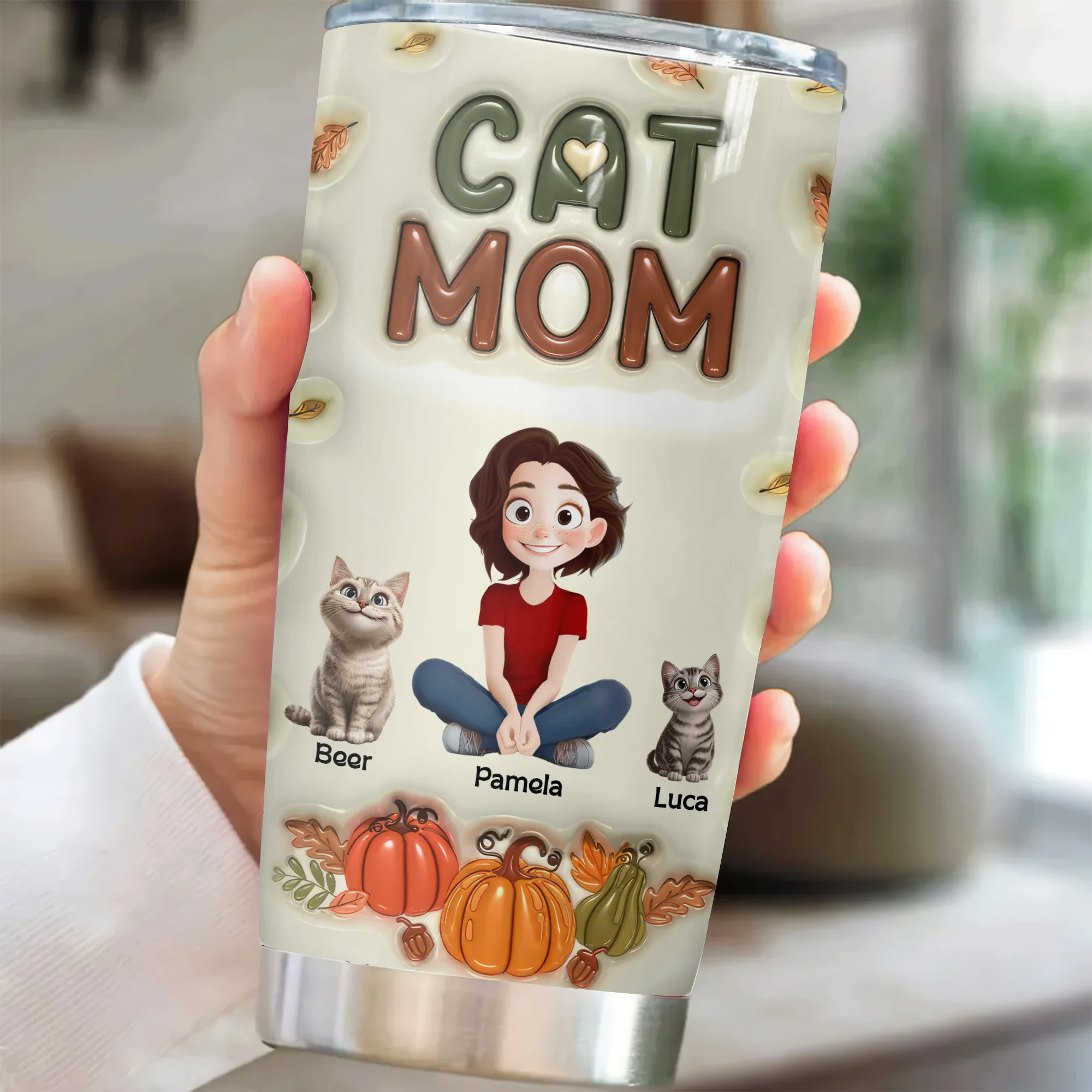 Cat Mom Autumn Version Pumpkin Pattern 3D Inflated Effect Cartoon Cat - Personalized Tumbler Cup - Gift for Pet Owners, Pet Lovers, Cat Mom | CLP15 NH96 - Image 3