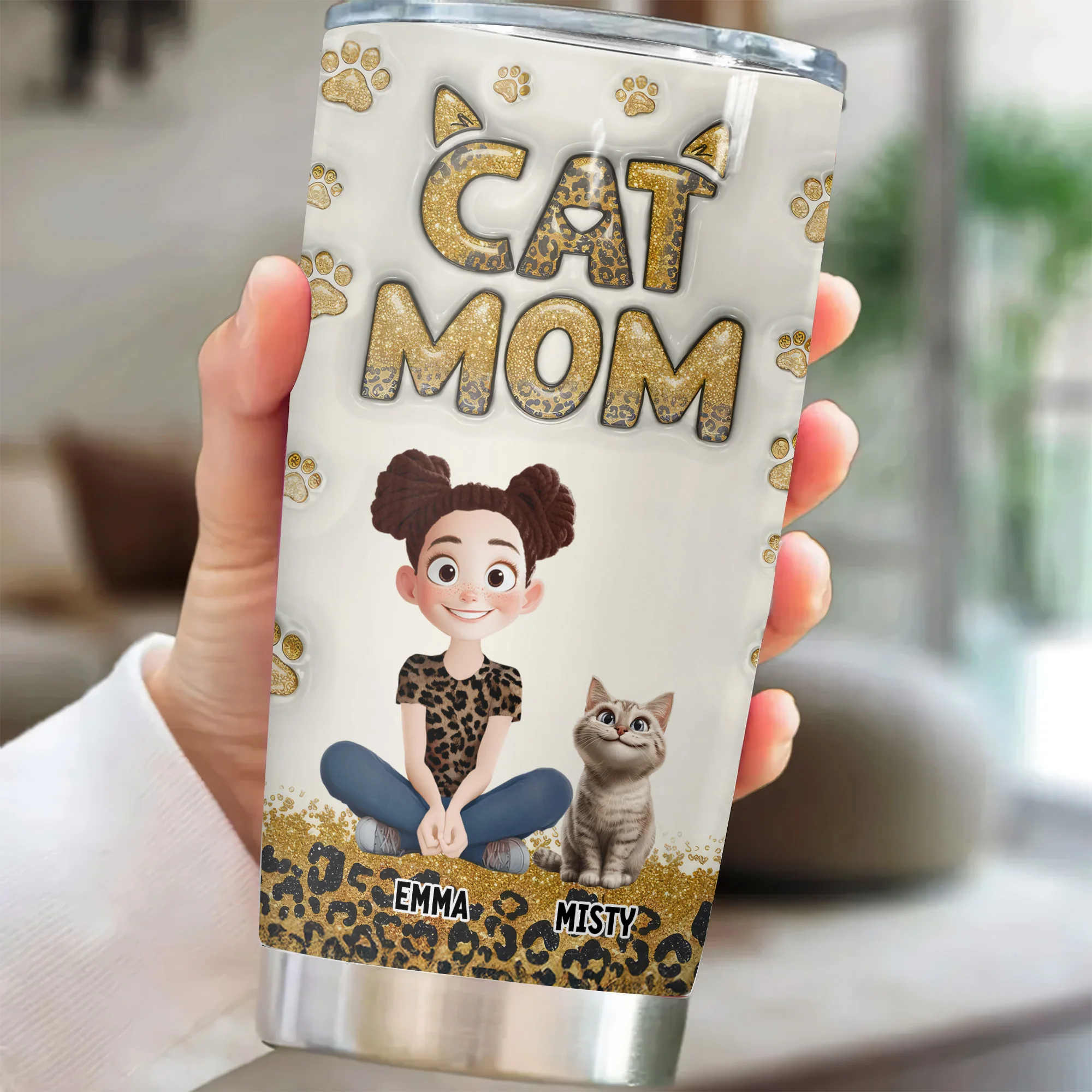 Cat Mom Leopard 3D Inflated Effect Cartoon Cat - Personalized Tumbler Cup - Gift for Pet Owners, Pet Lovers, Cat Mom | CLP15 NH96 - Image 2