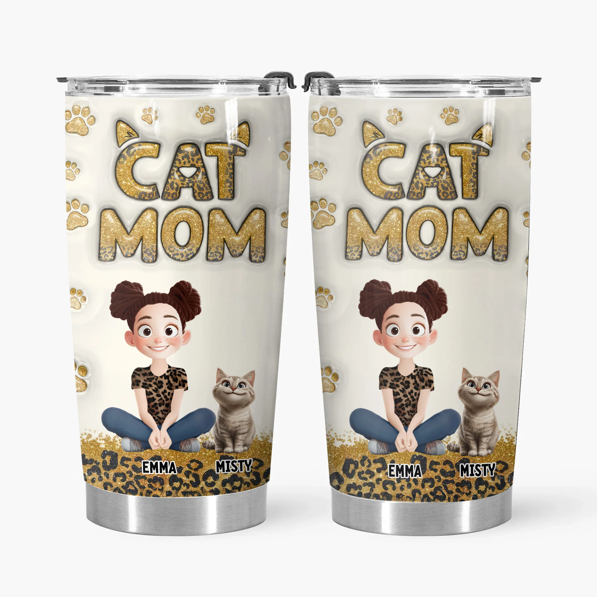 Cat Mom Leopard 3D Inflated Effect Cartoon Cat - Personalized Tumbler Cup - Gift for Pet Owners, Pet Lovers, Cat Mom | CLP15 NH96 - Image 6