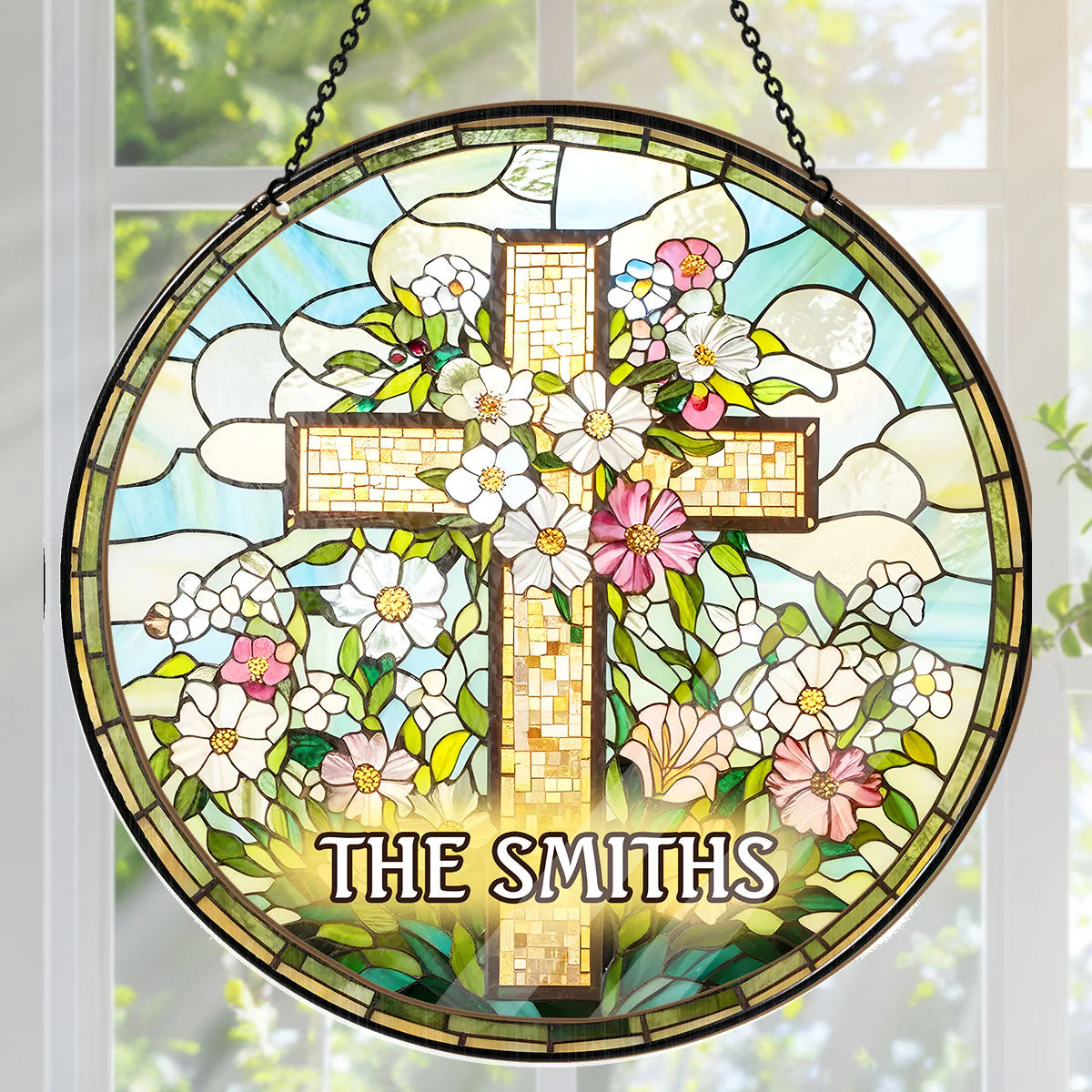 Christian Cross Wildflower - Personalized Window Hanging Suncatcher TD118
