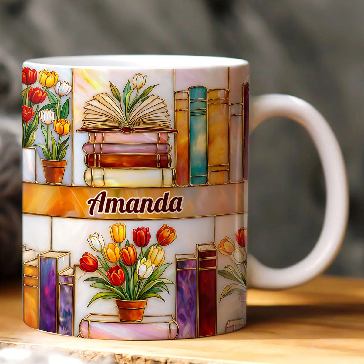 Colorful Books & Tulips In Bloom - Personalized White Edge-to-Edge Mug - Gift For Her, Book Lovers HH01 - Image 2