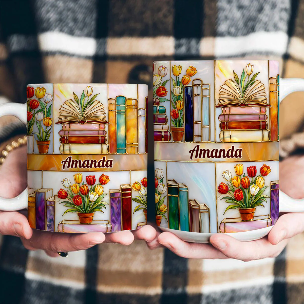 Colorful Books & Tulips In Bloom - Personalized White Edge-to-Edge Mug - Gift For Her, Book Lovers HH01 - Image 3