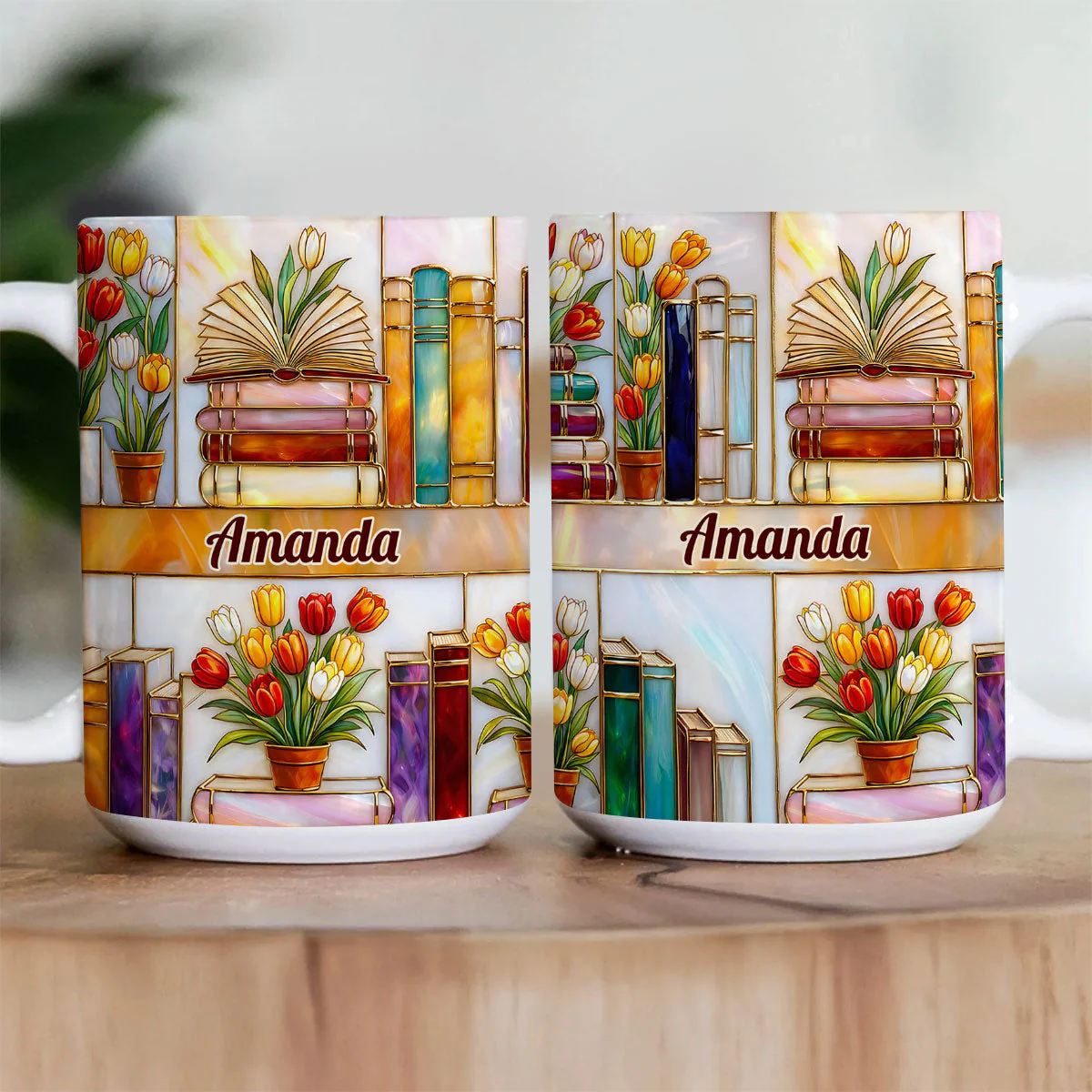 Colorful Books & Tulips In Bloom - Personalized White Edge-to-Edge Mug - Gift For Her, Book Lovers HH01 - Image 4