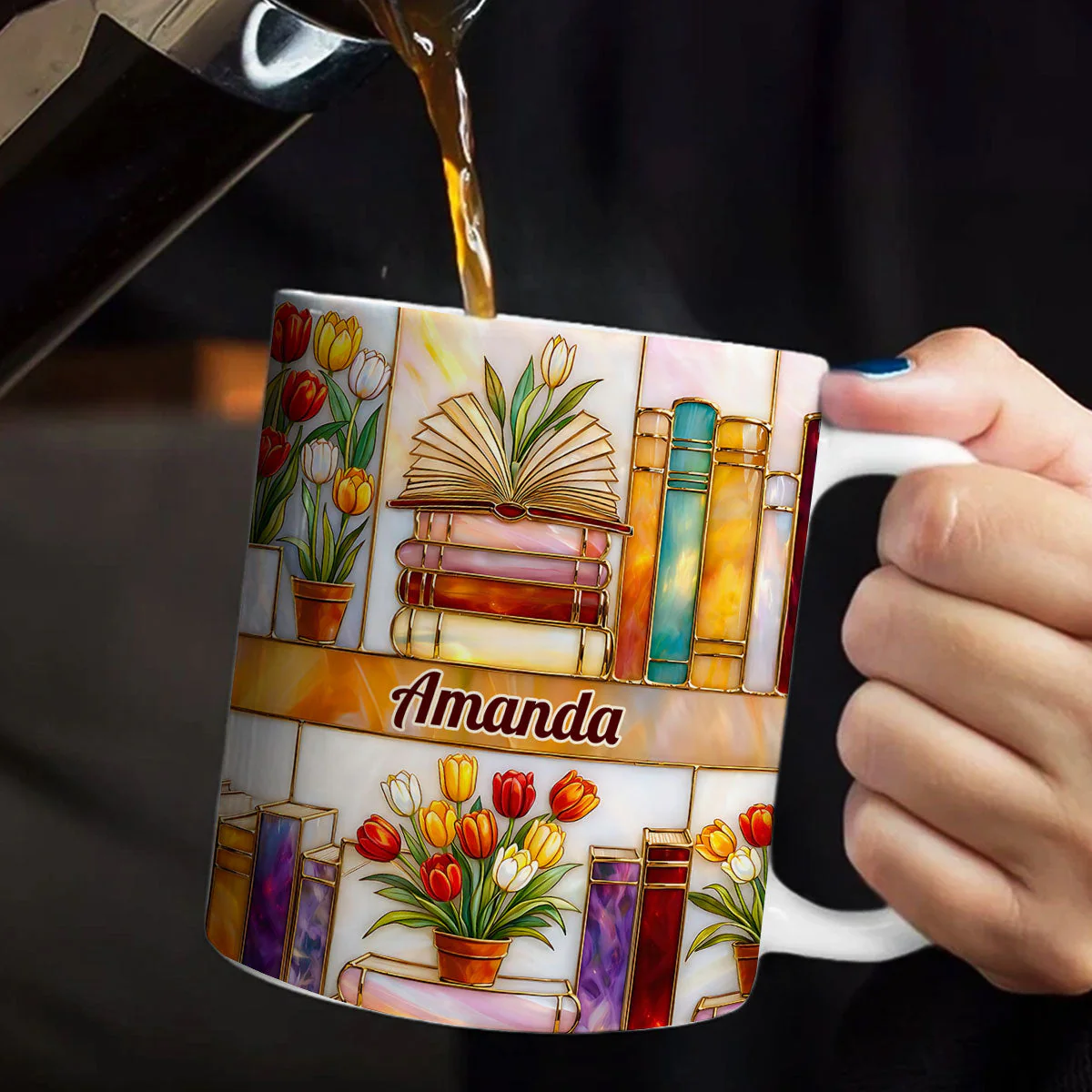 Colorful Books & Tulips In Bloom - Personalized White Edge-to-Edge Mug - Gift For Her, Book Lovers HH01 - Image 5