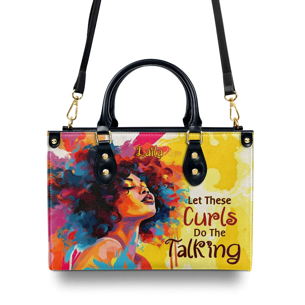 Colorful Curly Queen Tote - Empowering Afro Style Leather Handbag - Personalized Gift for Black Women | HD95 - Image 3